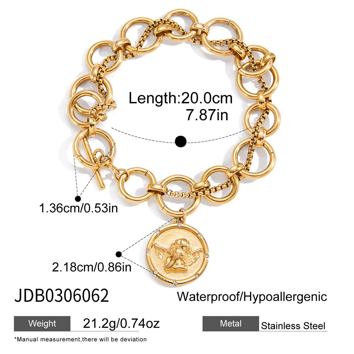 Bracciale vintage geometrico in acciaio al titanio per donna con finitura placcata e motivo ad angelo, accessorio di moda