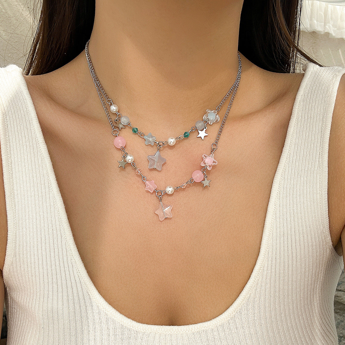 Minimalist Hollow Star Alloy Plated Layered Necklace for Women