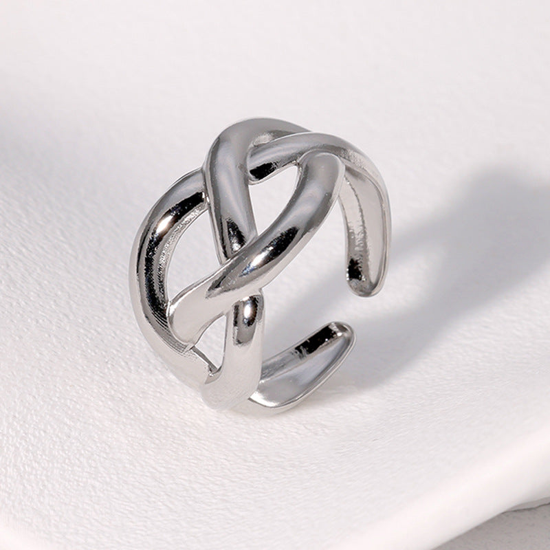 Anillo Minimalista Geométrico de Acero Inoxidable con Diseño Trenzado Entrelazado y Banda Abierta Ajustable para Mujer