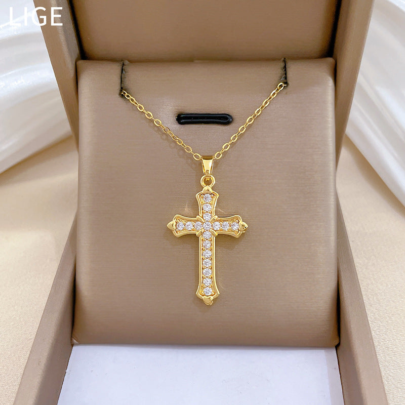 Sweet Elegant Cross Cubic Zirconia Titanium Steel Necklace for Unisex