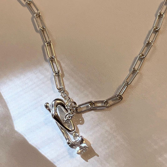 Geometric Shape 925 Sterling Silver Necklace with Rainbow Zirconia Inlay on Snake Chain
