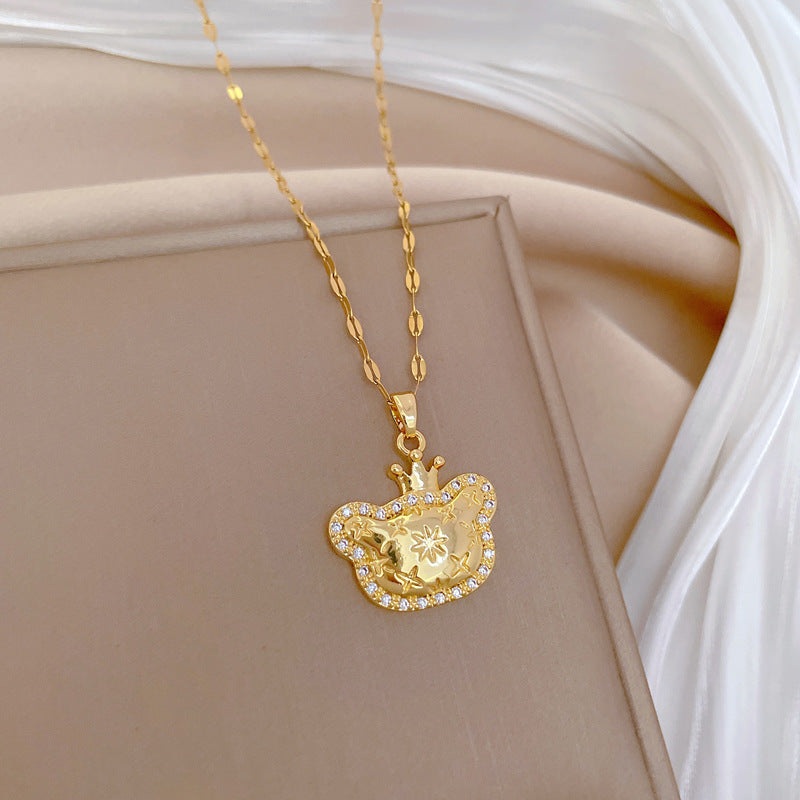 Elegant Crown Cat Pendant Necklace for Women Stainless Steel Snake Chain with Moon Motif Geometric Design