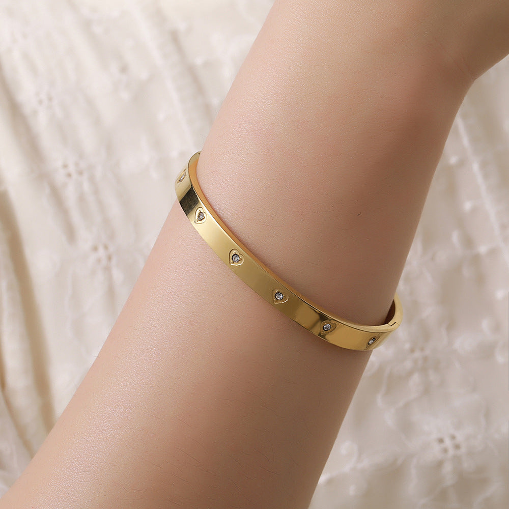 Rhinstone Inlaid Heart Geometric Round Titanium Steel Stainless Steel Bracelet