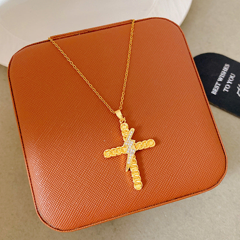 Sporty Sweet 18K Gold Plated Cross Titanium Steel Necklace with Cubic Zirconia for Women