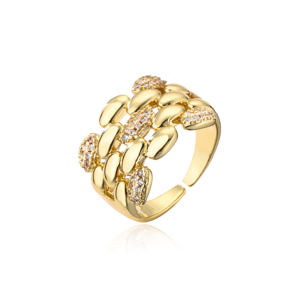 Minimalist Geometric 18K Gold Plated Brass Ring with Micro-inlaid Cubic Zirconia for Women