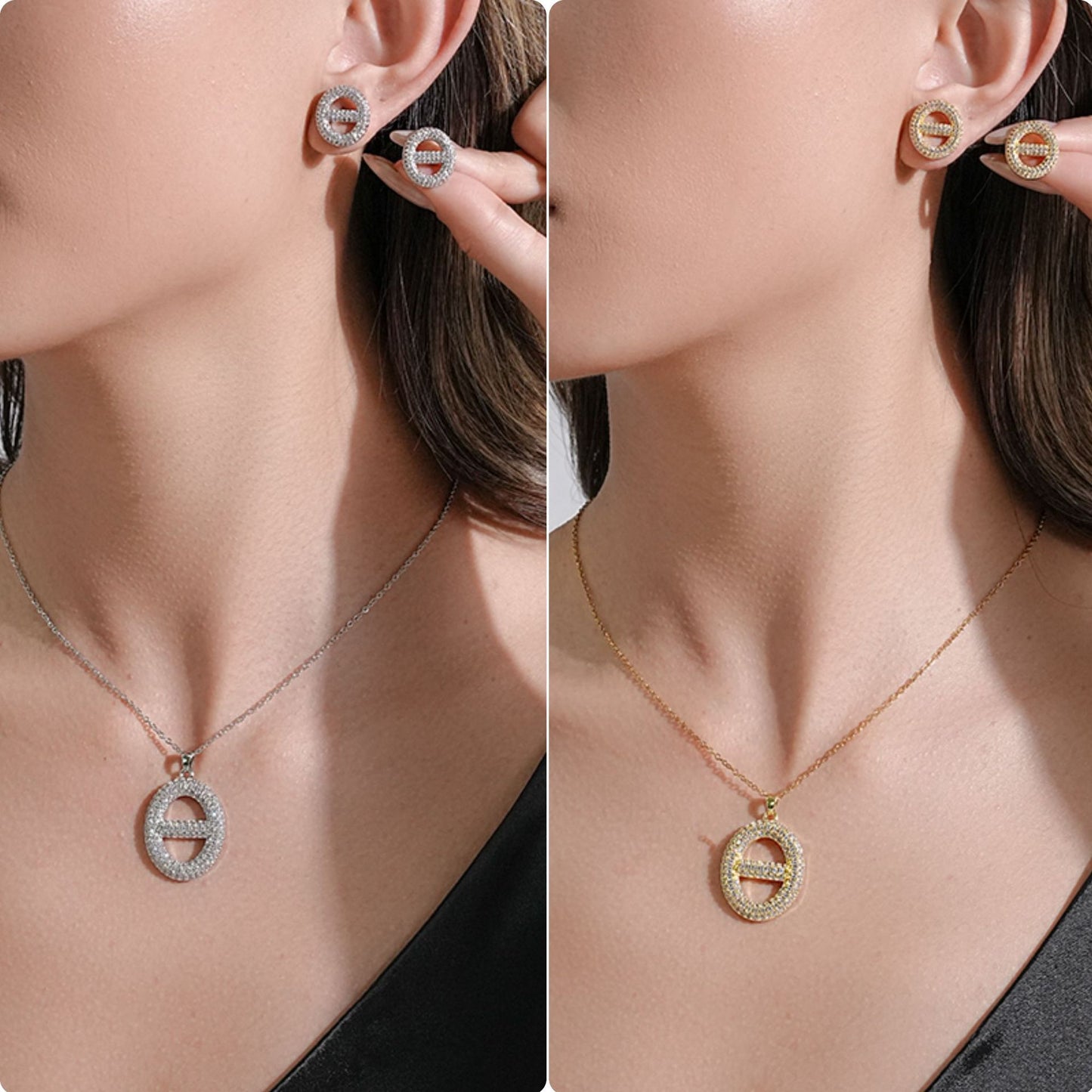 Minimalist Geometric Locket Necklace in Titanium Steel with Micro-Paved Zirconia and Gold Plating for Women