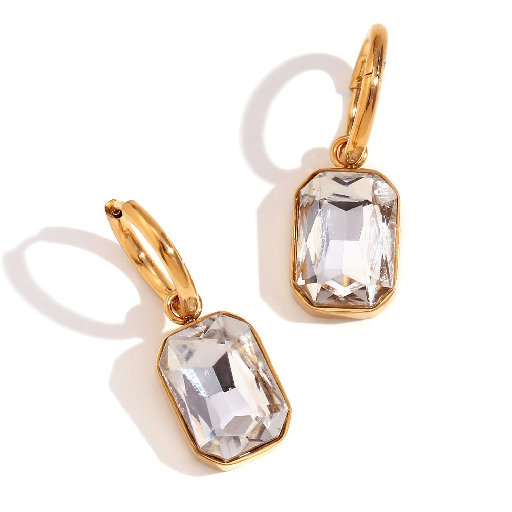 Fashionable Geometric Stainless Steel Earrings with 18K Gold Plating and Rectangular Cubic Zirconia Pendants for Women