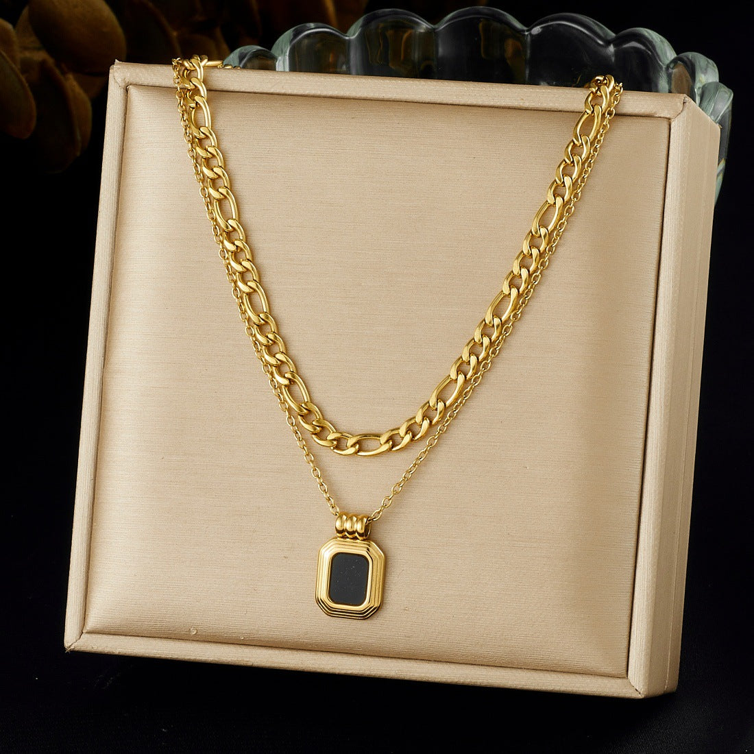 Vintage Gold Plated Stainless Steel Square Geometric Pendant Necklace for Women