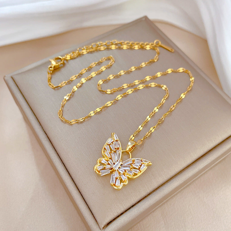 Luxury Butterfly Pendant Necklace for Women in Titanium Steel with Rhinestone Inlay, Geometric Design, Delicate Clavicle Chain for Wedding and Formal Events