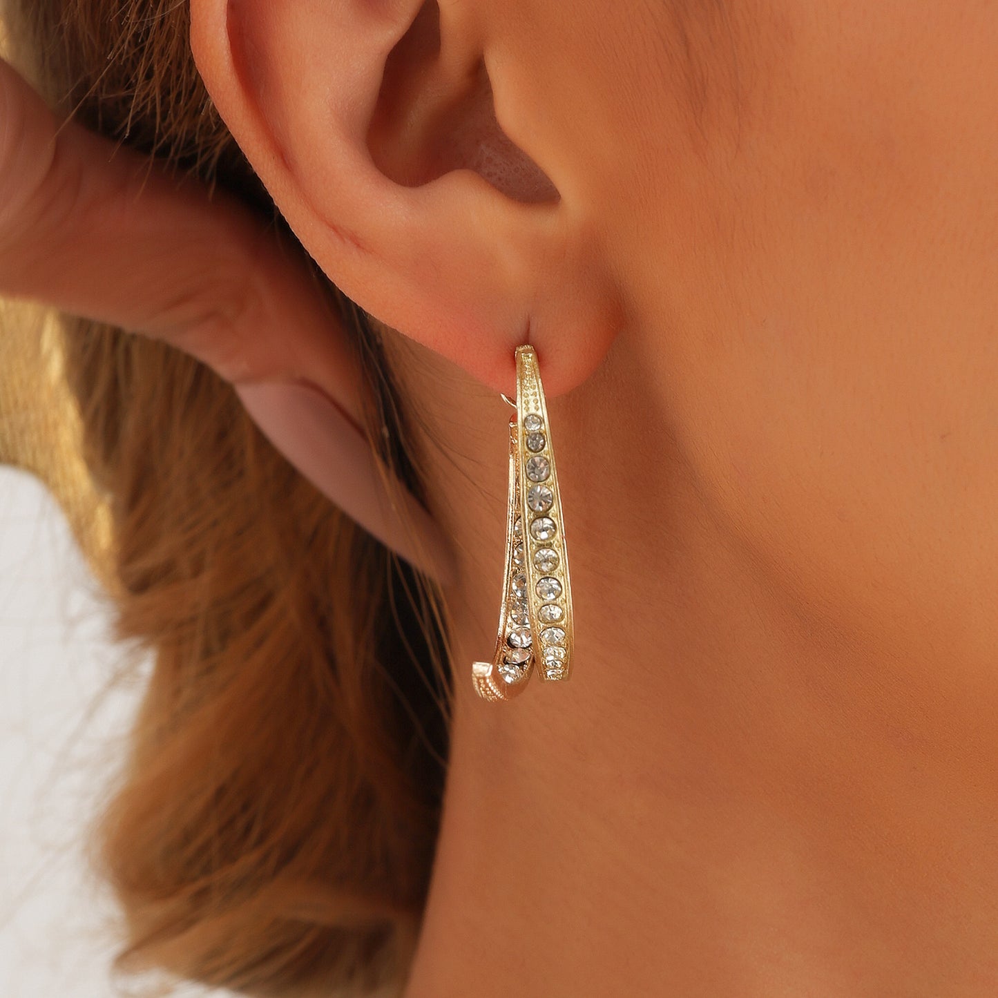 Geometric Cross-Over Earrings for Women with Metal Body Plated Finish and Rhinestone Inlay
