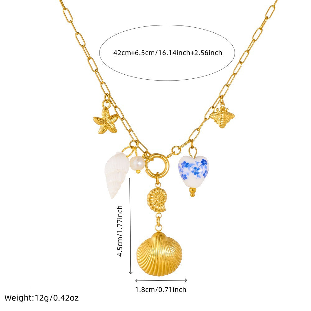 Chic Stainless Steel Plated Heart Pendant Necklace with Seashell Starfish Print for Women Summer Vacation