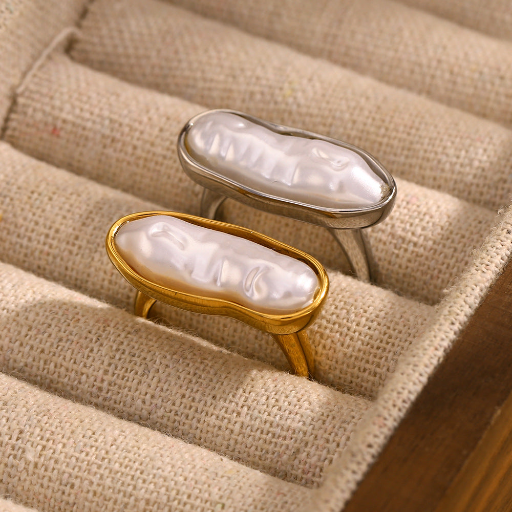 Anillo vintage geométrico de acero inoxidable con baño de oro de 18K y perla para mujer