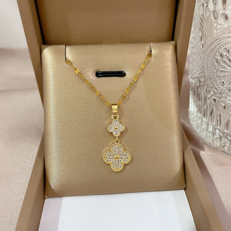 Minimalist Geometric Titanium Steel Necklace with Gold Plated Brass Pendant and Rhinestone Inlay
