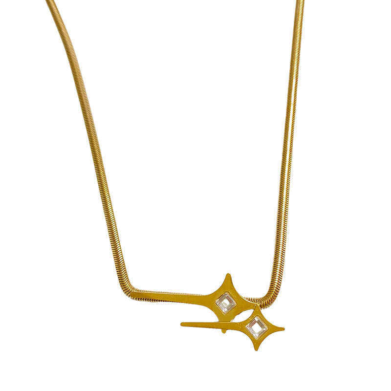 Sweet Streetwear Gold Plated Titanium Steel Double Star Micro-set Cubic Zirconia Flat Snake Chain Necklace