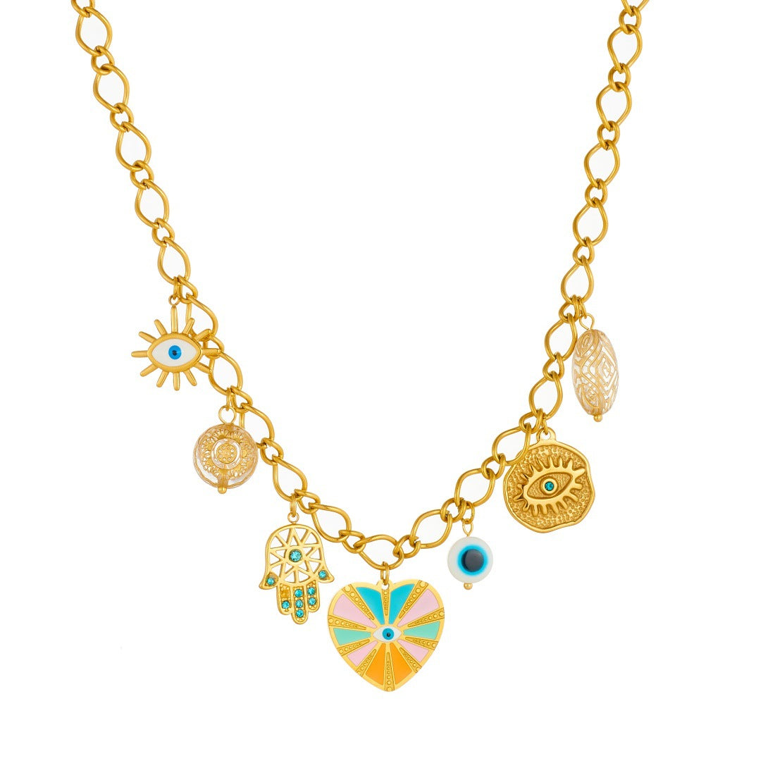 Sweet Candy Color Drip Oil Heart Geometric Eye Hand Stainless Steel Plated Necklace and Bracelet Set with Cable Chain for Women
