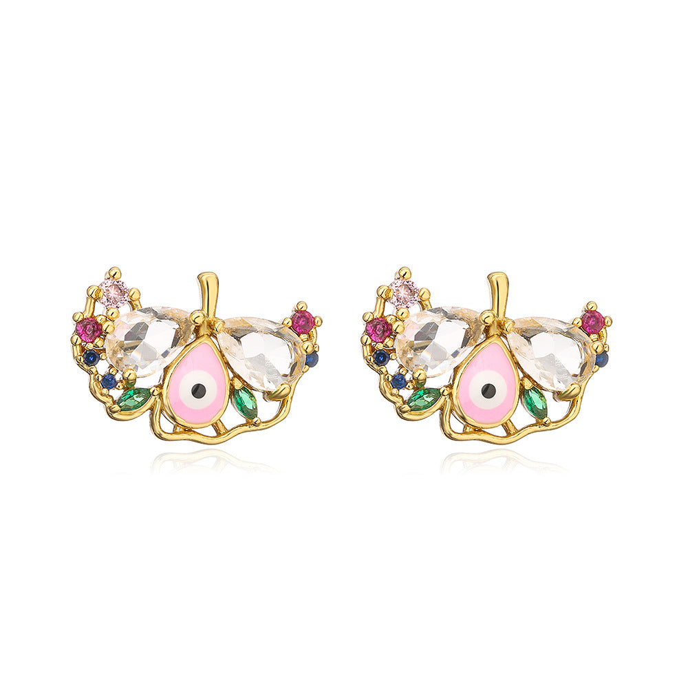Orecchini a perno da donna minimalisti con zirconi, Occhio di Allah geometrico, base in rame placcato oro e finitura smaltata
