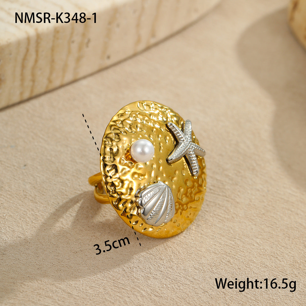 Pendientes, anillos y collar de acero inoxidable geométricos inspirados en el océano con chapado en oro de 18 quilates, textura de concha y detalles de estrellas