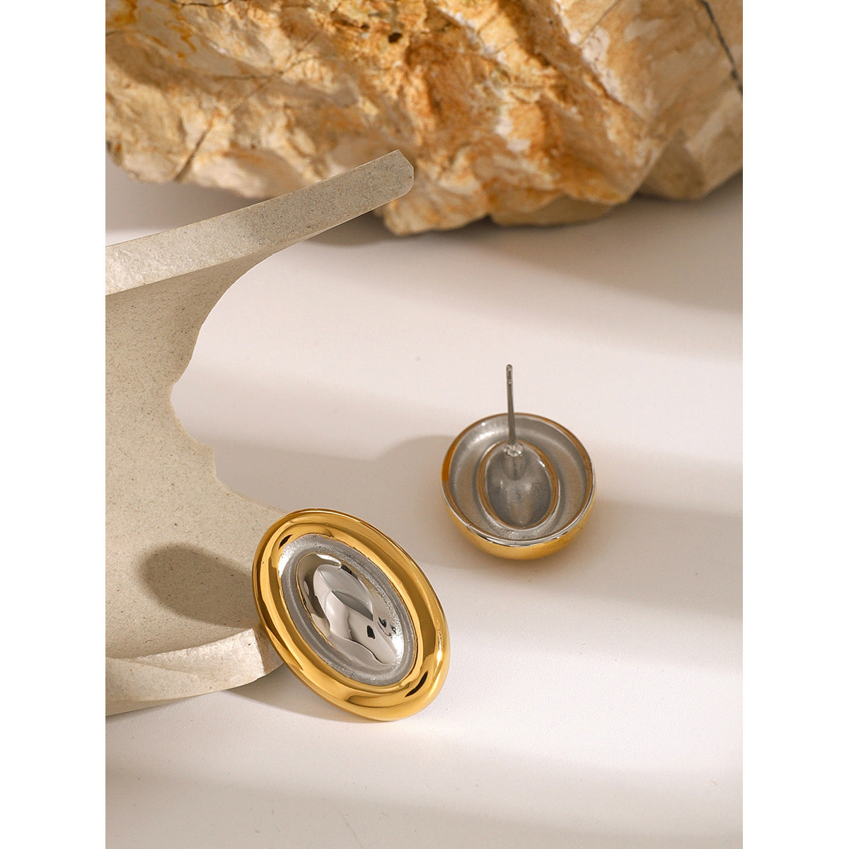 Two-Tone 18K Gold Plated Oval Geometric Stainless Steel Earrings