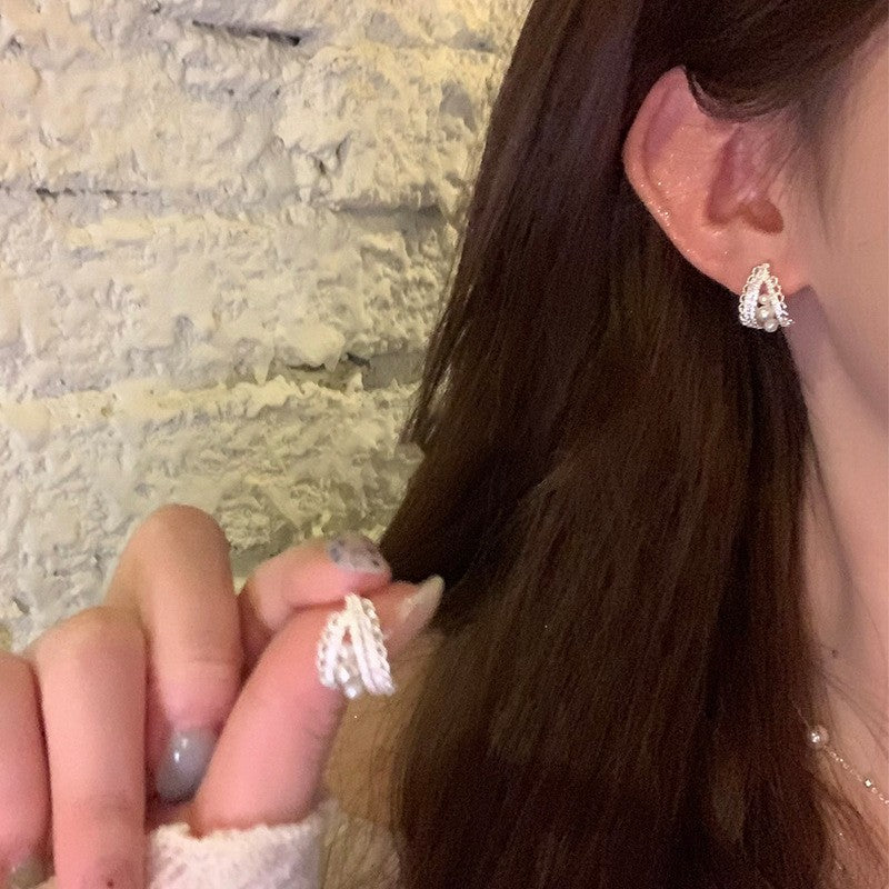 Pendientes de perlas geométricos para mujer con detalles de circonitas, postes de acero galvanizado, estilo retro lujoso y elegante para otoño e invierno