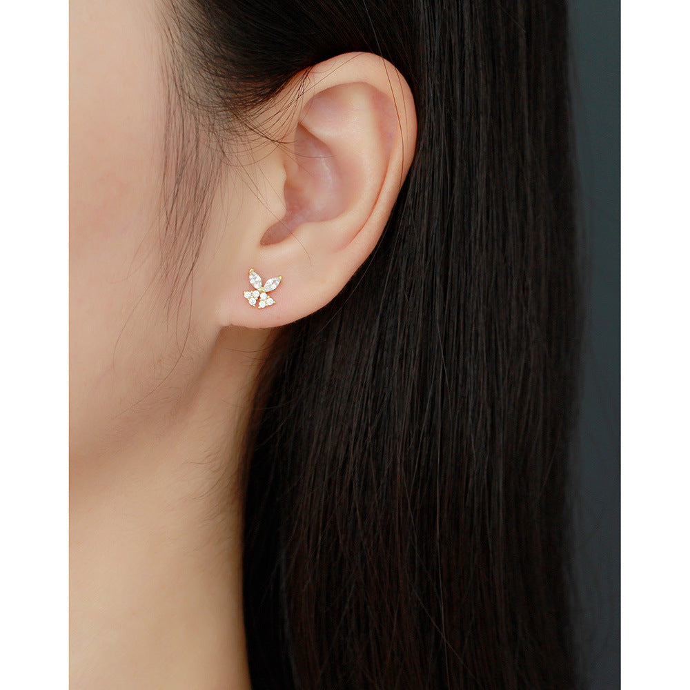 Sweet-Edgy Butterfly-Shaped S925 Sterling Silver Stud Earrings with Rhinestone Inlay for Women