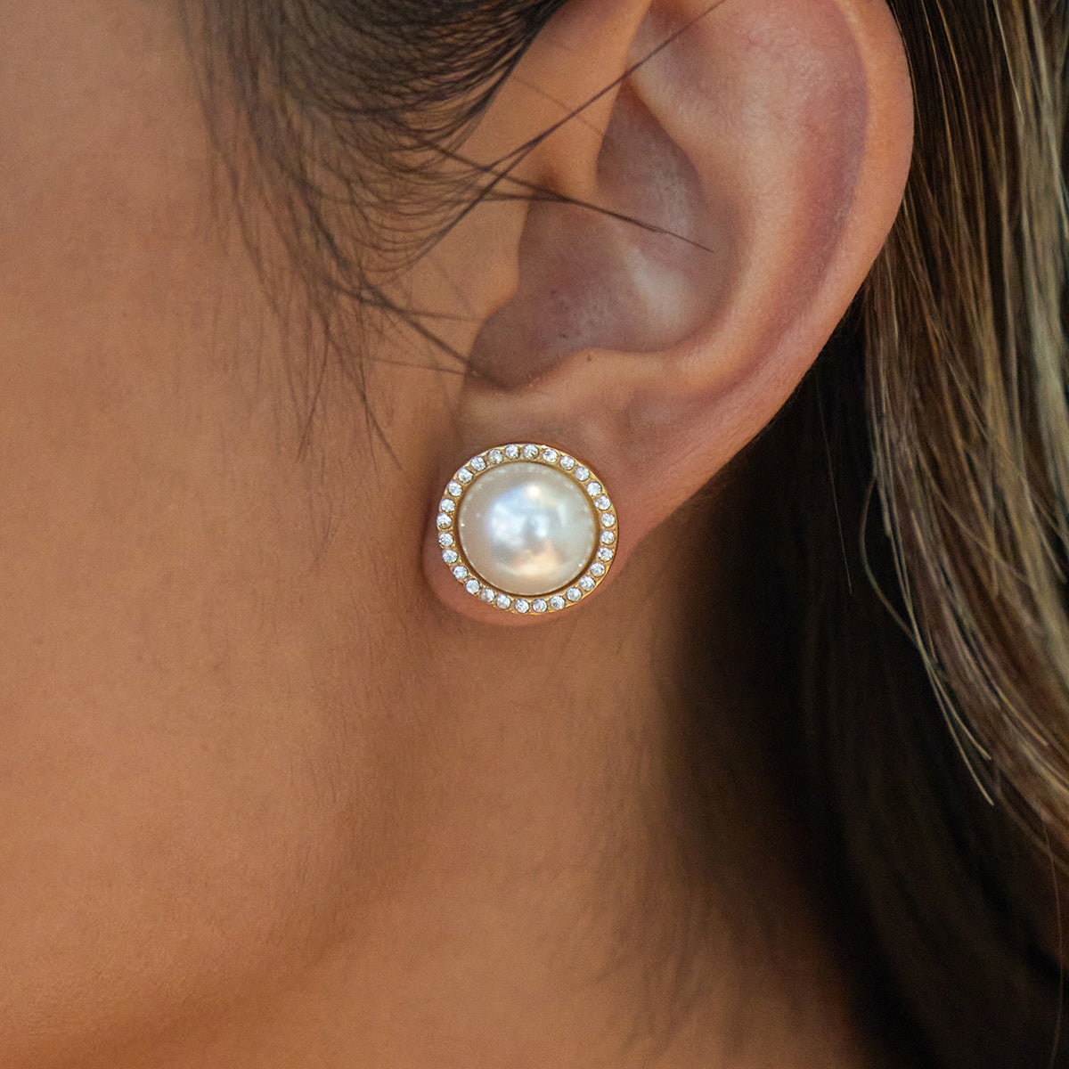 Orecchini geometrici in acciaio inossidabile da donna con perle in resina e intarsi in strass