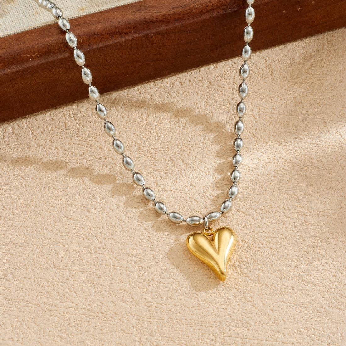Gold Plated Stainless Steel Heart Ball Chain Necklace for Women