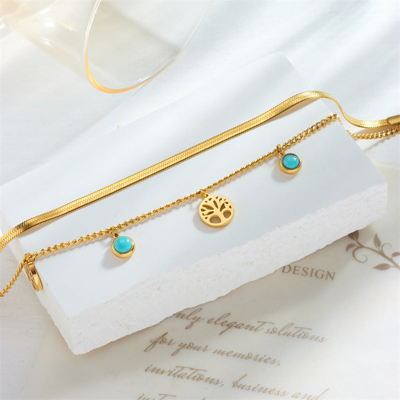 Bracciale da donna vintage minimalista con ciondolo rotondo Albero della Vita in turchese a doppio strato in acciaio al titanio