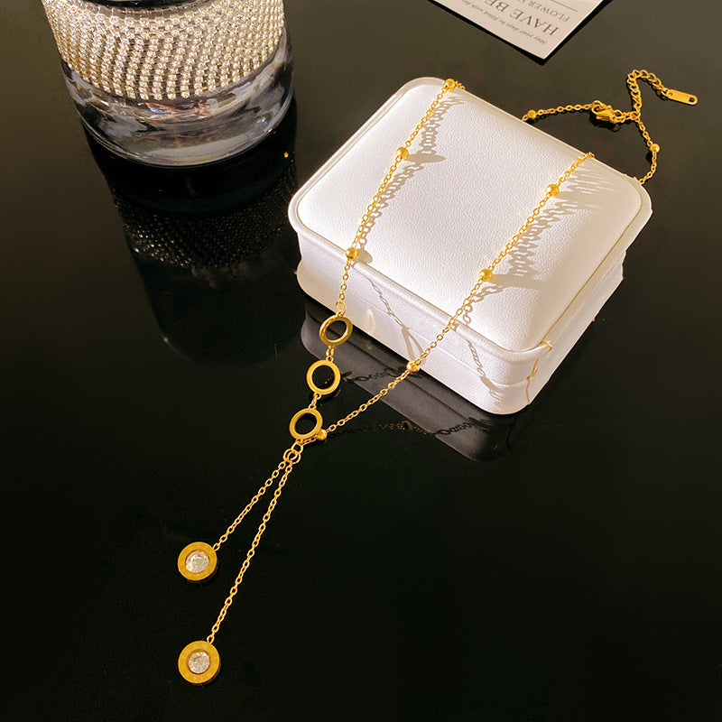 Sweet Streetwear Micro-set Cubic Zirconia Number Tassel Titanium Steel Necklace for Unisex