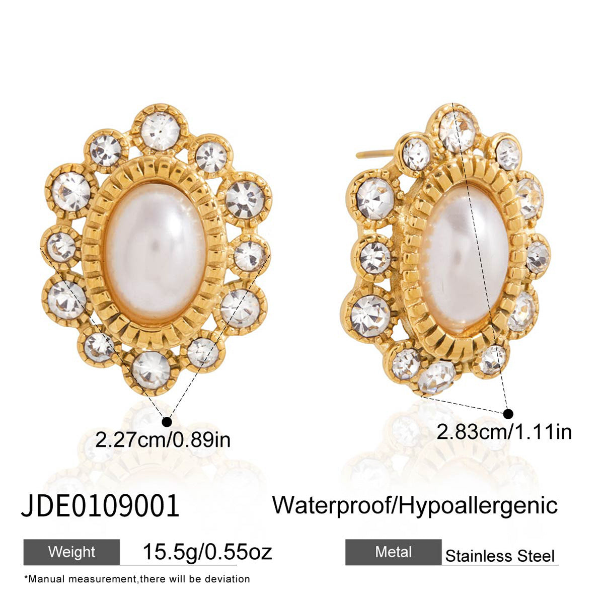 Orecchini geometrici in acciaio inossidabile da donna con perle in resina e intarsi in strass