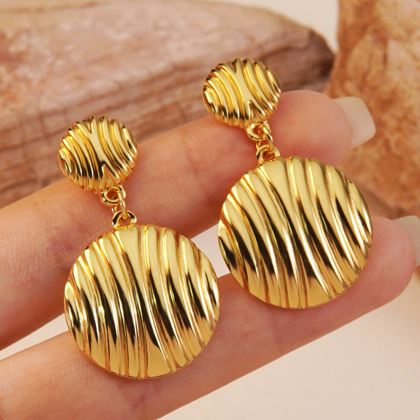 Luxury Elegant Round Striped Geometric Titanium Steel Plated Drop Earrings for Women