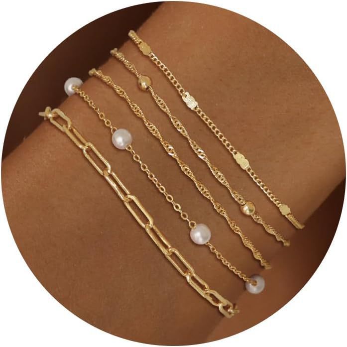 Bohemian Minimalist Geometric Plated Alloy Cuban Link Chain Pearl Bracelet Set for Women