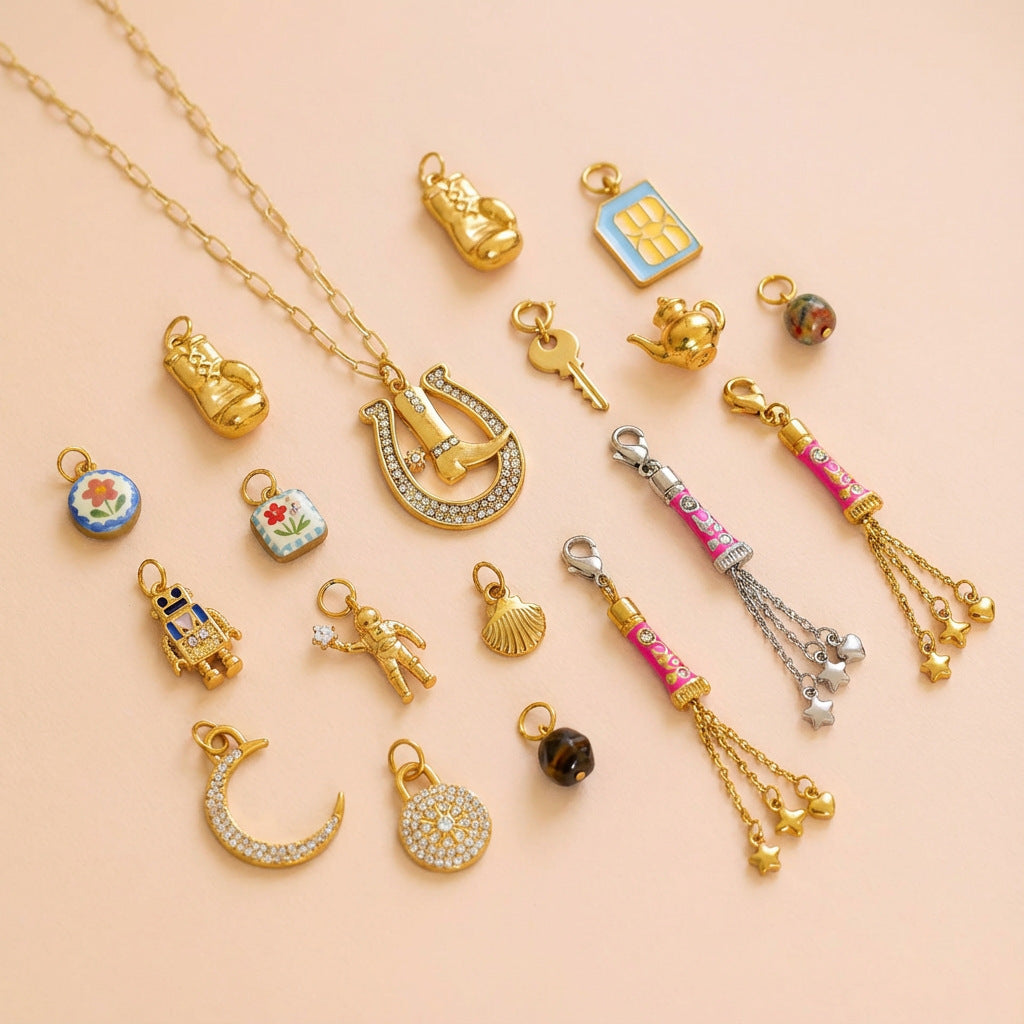 Vintage Gold Plated Stainless Steel Ceramic Moon Astronaut Charm Bar Necklace for Unisex
