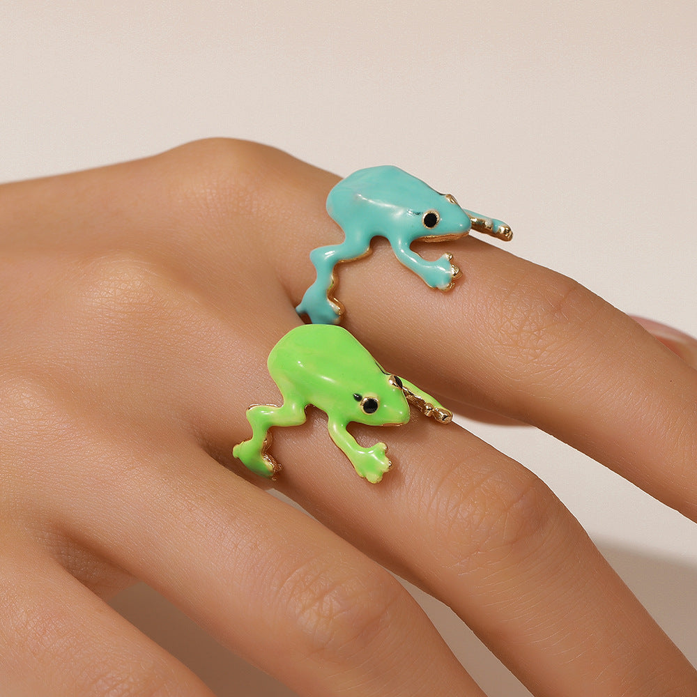 Sweet Geometric Green Drip Oil Frog Ring Adjustable Alloy Ring for Women