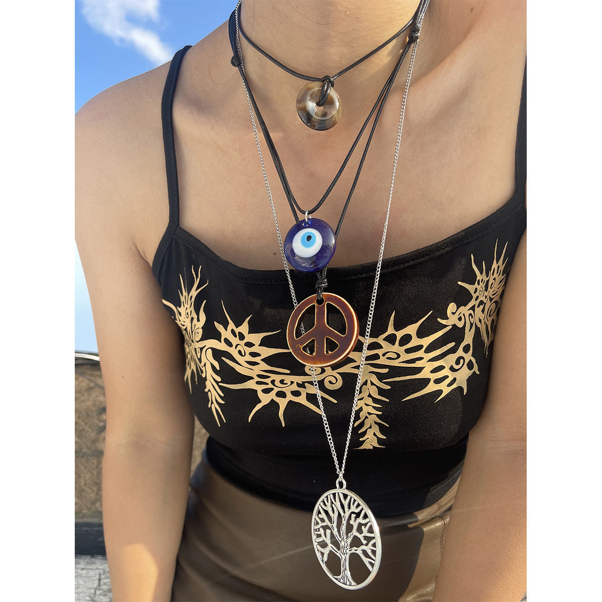 Collana vintage retrò da donna con ciondolo a forma di occhio in lega, intarsio di strass e catena a serpente