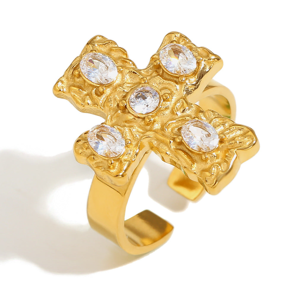 Vintage Style Geometric Cross-Shaped Stainless Steel Ring with 18K Gold Plating and Colorful Rhinestone Accents for Women