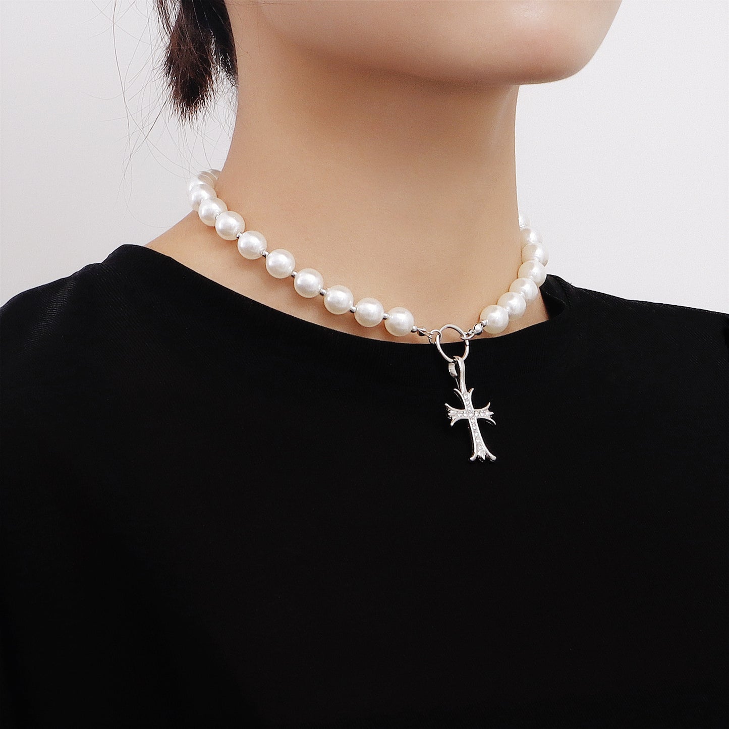 Geometric Cross Pendant Necklace with Rhinestone Inlay and Pearl Chain in Alloy, Plated Finish, Women's Clavicle Chain