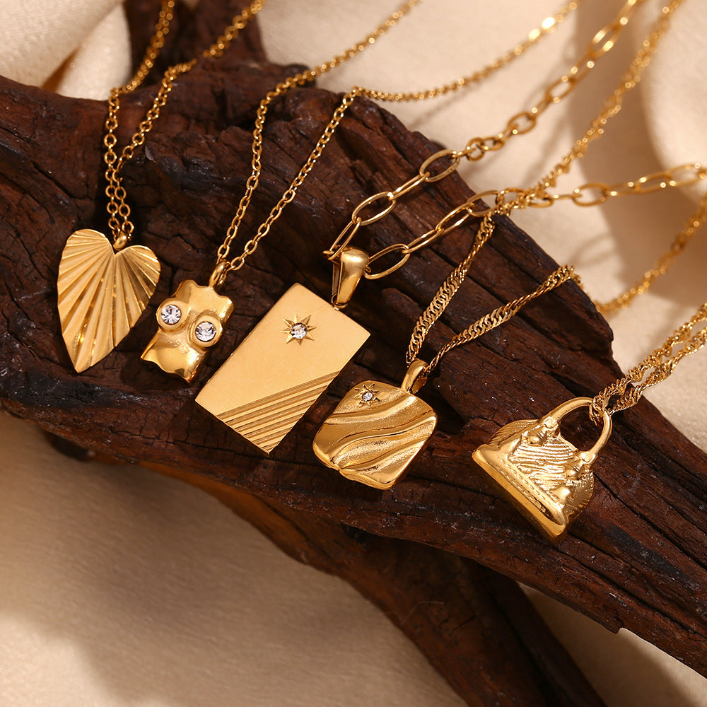 Vintage Geometric Pendant Necklace for Women Stainless Steel with 18K Gold Plating and Zircon Inlay