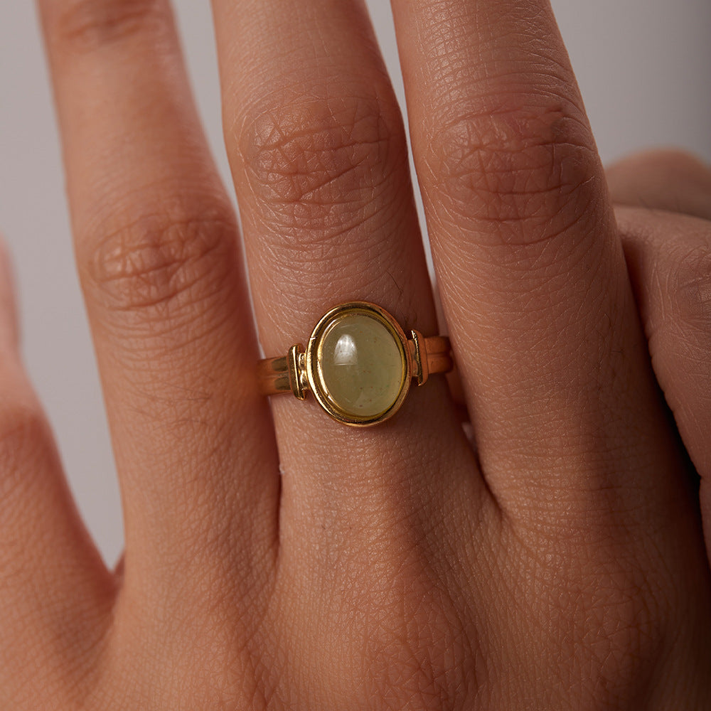 Anello da donna aperto stile Ins geometrico ovale con occhio di tigre verde viola, pietra semipreziosa placcata oro 18 carati