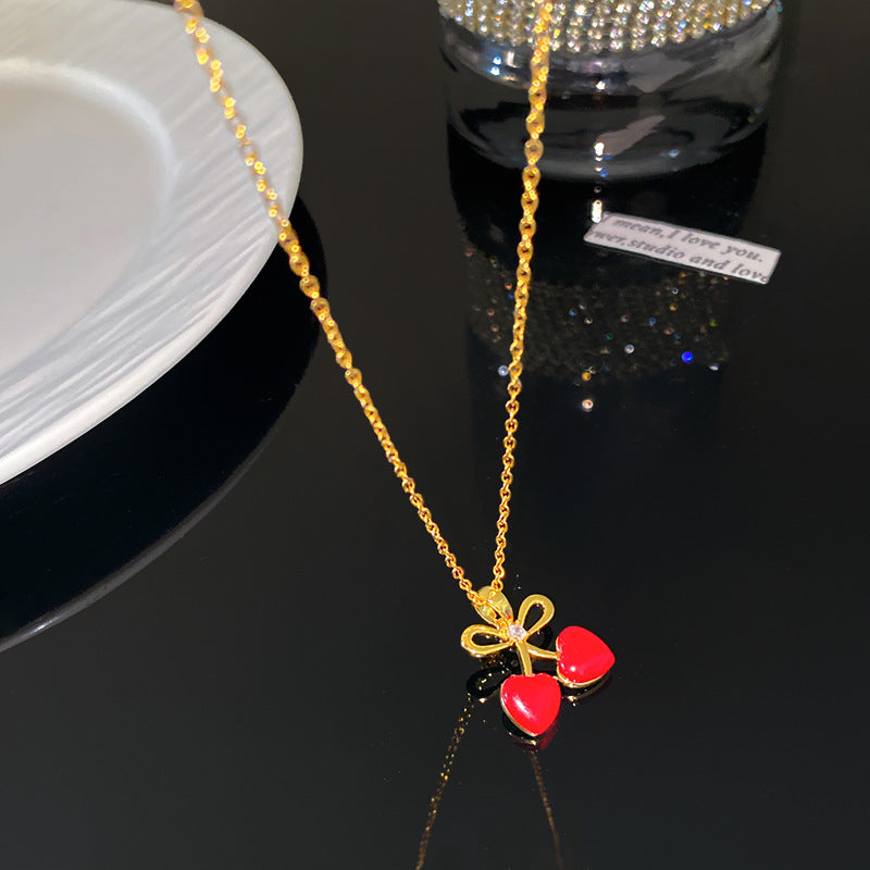 Sweet Rhinestone Cherry Fruit Pendant Titanium Steel Necklace with Cable Chain
