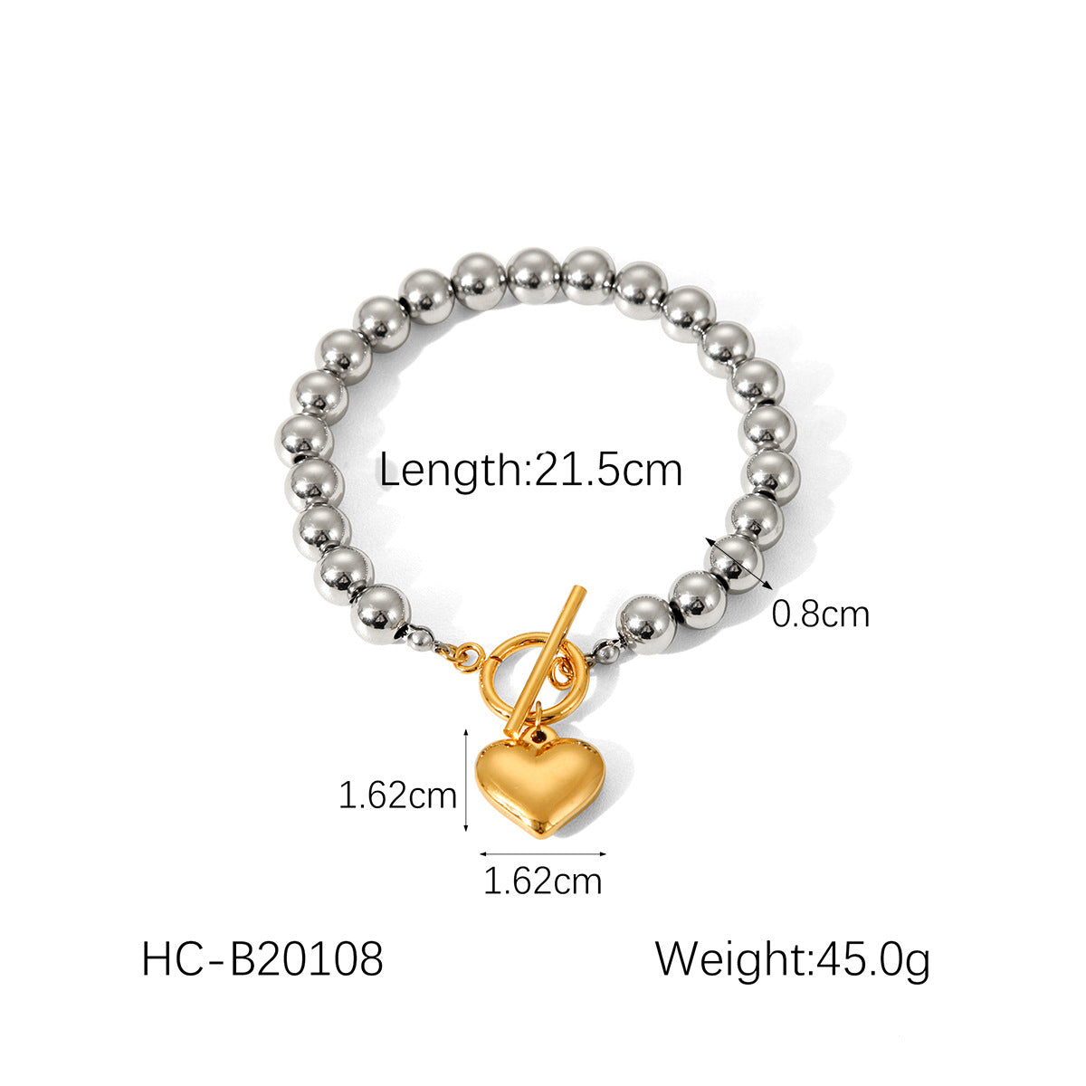 Minimalist Heart-Shaped Stainless Steel Plated Bracelet for Women with Round Beads and Geometric Design