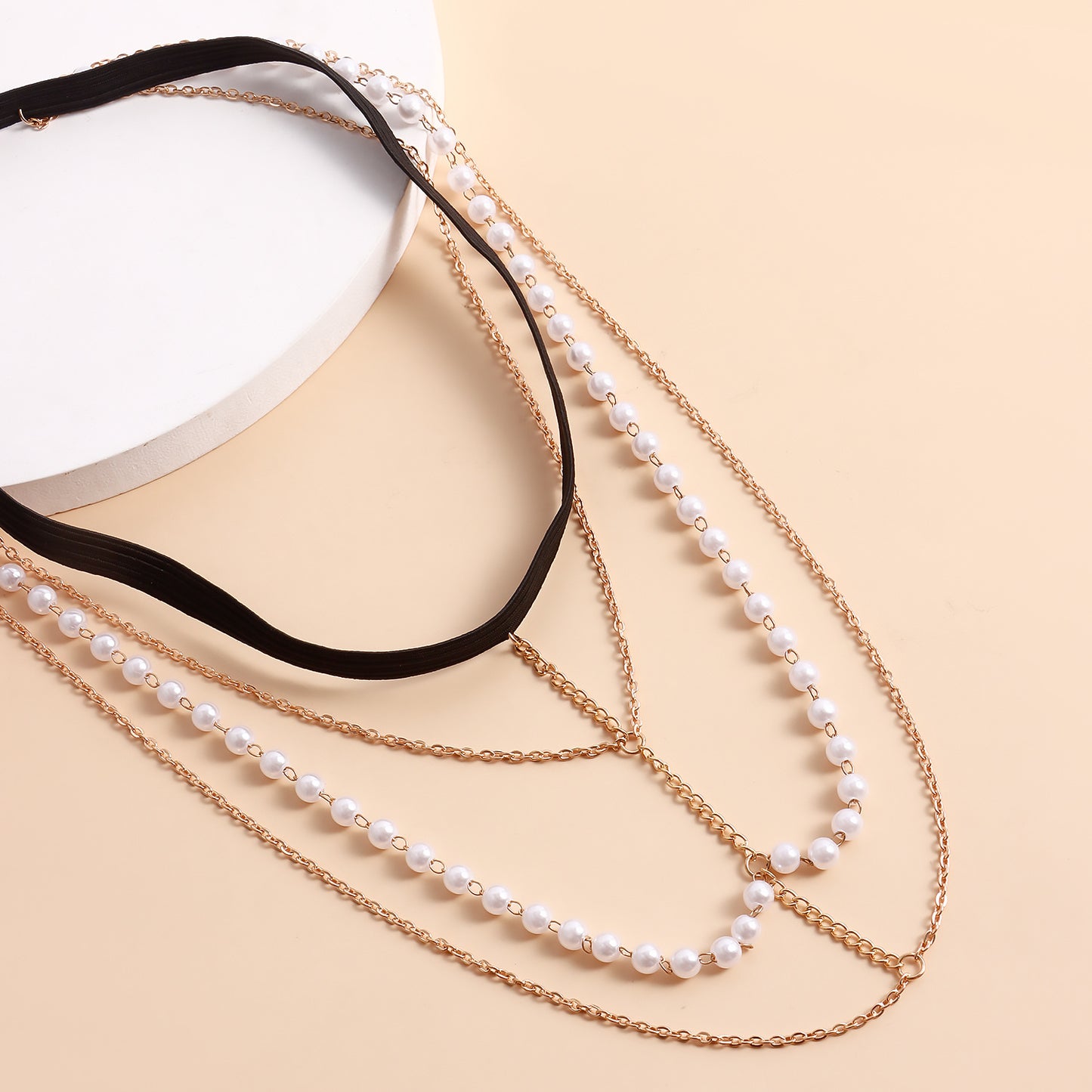 Geometric Alloy Anklet for Women with White Simulated Pearl Accents Long Body Chain Fashion Anklet