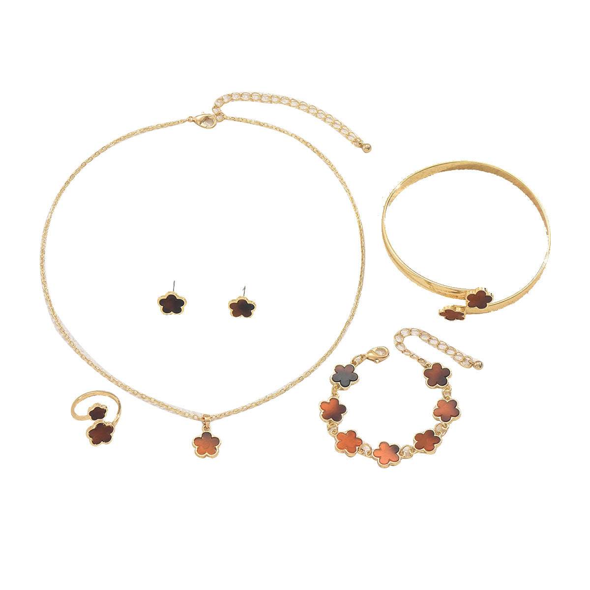 Conjunto de collar con colgante de trébol floral para mujer con material de aleación y artesanía de incrustación que incluye pendientes, pulsera y anillo