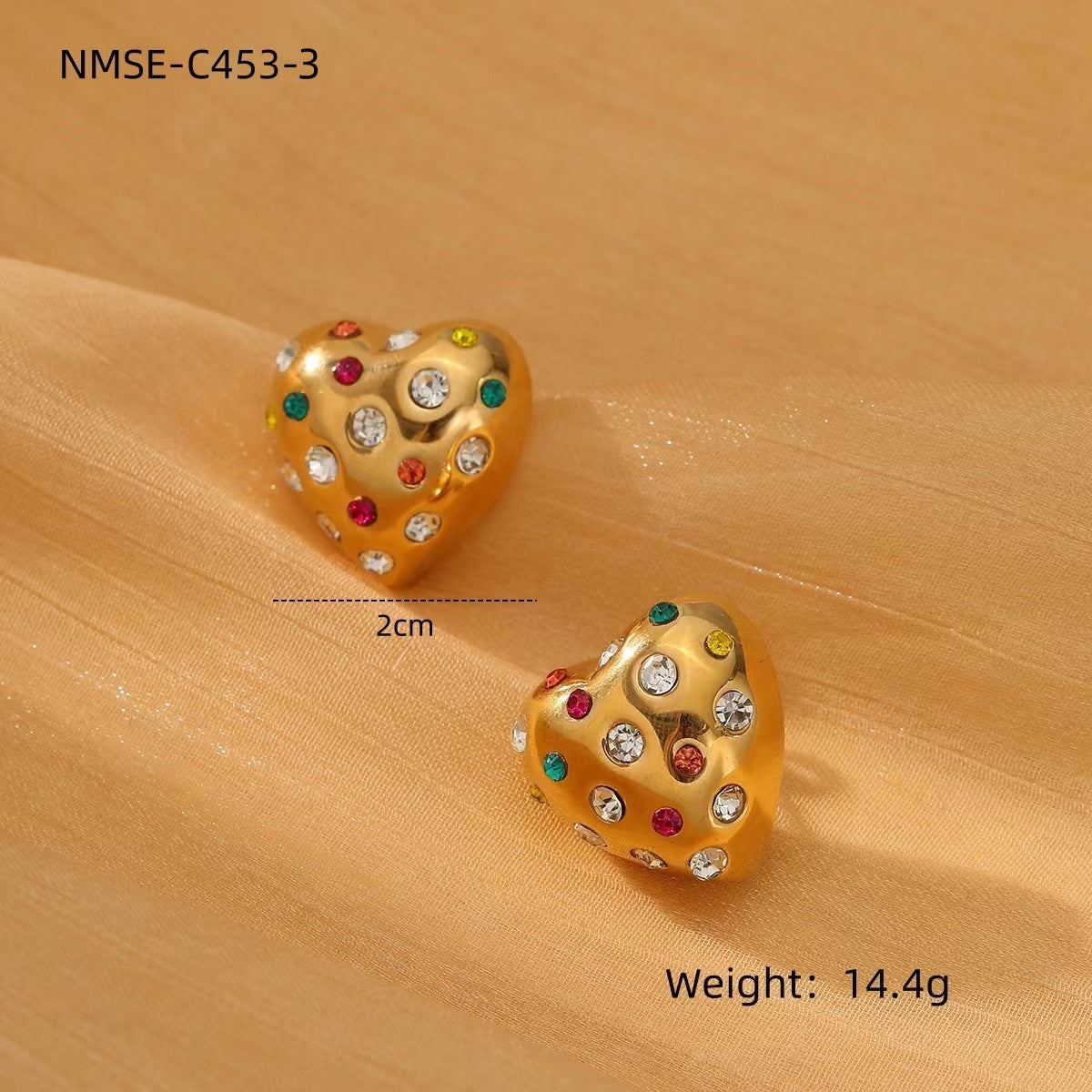 Orecchini da donna vintage in acciaio inossidabile a forma di cuore con intarsio di strass e placcatura in oro 18K