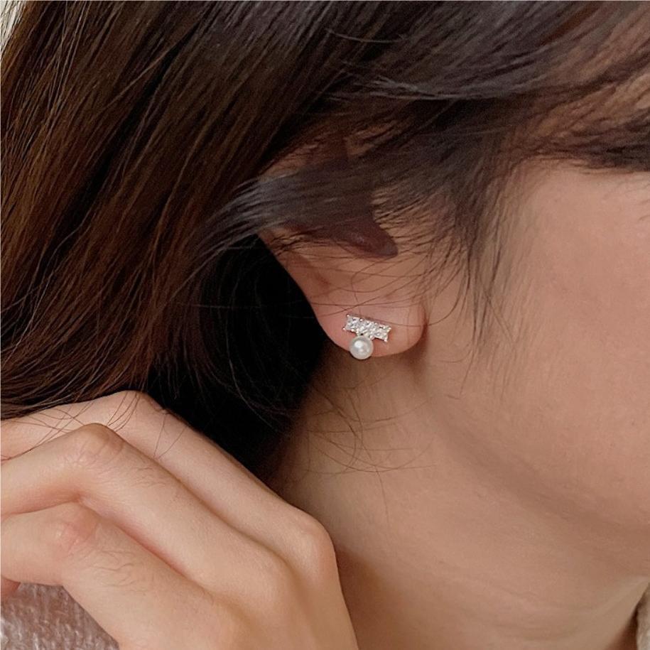 Minimalist Geometric Letter Shape 925 Sterling Silver Zircon and Pearl Stud Earrings for Women