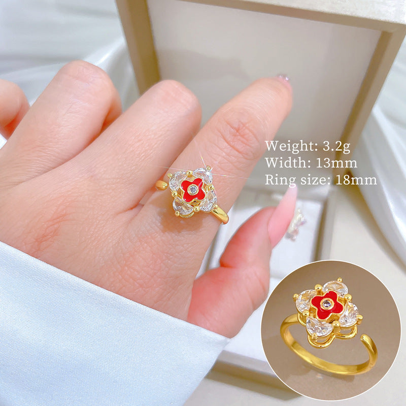 Minimalist Sweet Gold Plated Brass Clover Adjustable Ring for Women and Couples