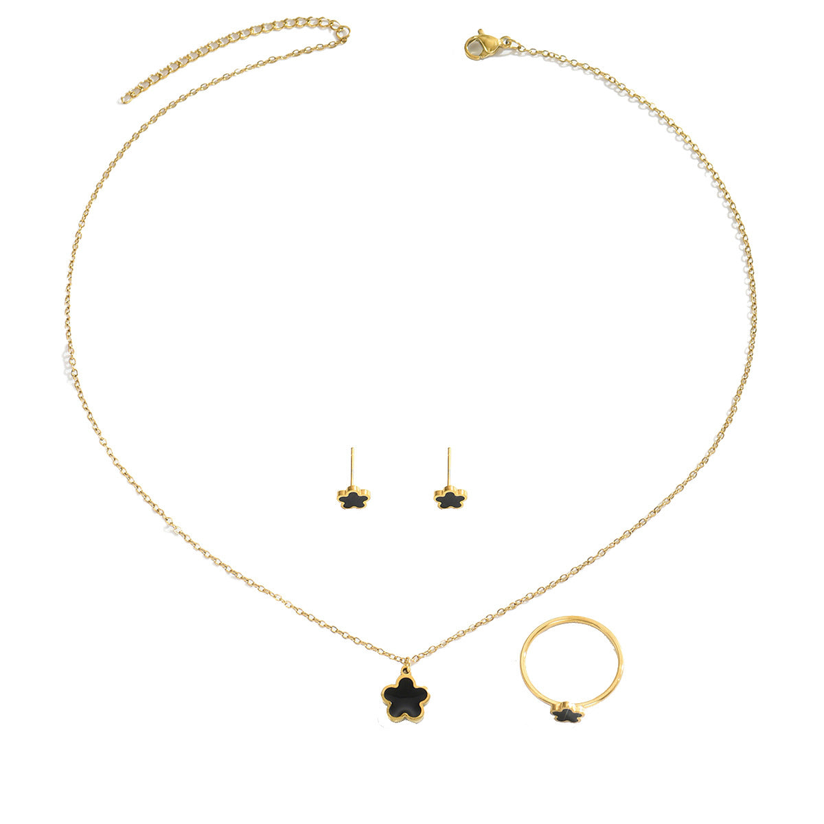 Floral Clover Geometric Pendant Necklace Set with Earrings and Bracelet for Women in Copper with Micro-Pave Setting