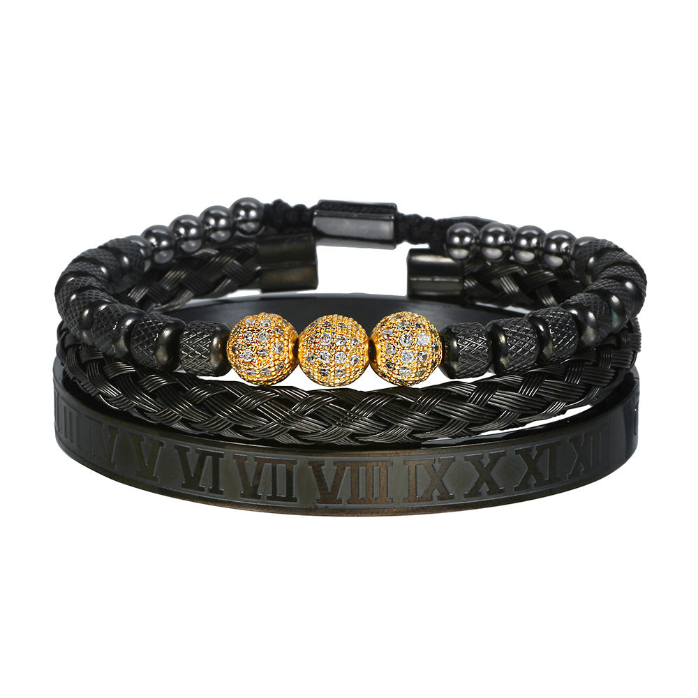 Geometric Round Stainless Steel Plated Bracelet Set with Cubic Zirconia Beads and Roman Numerals for Men and Women