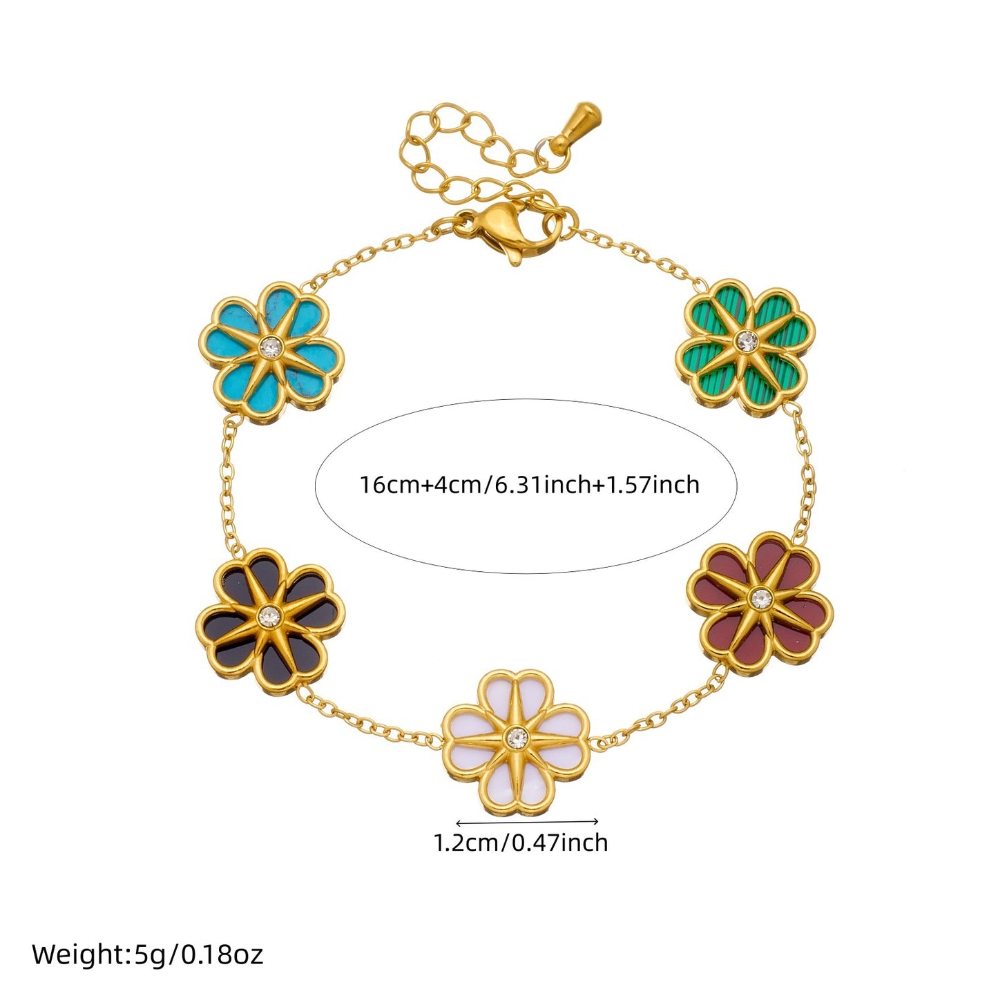 Elegant Gold Plated Stainless Steel Daisy Flower and Eight-Pointed Star Rhinestone Pendant Bracelet for Women