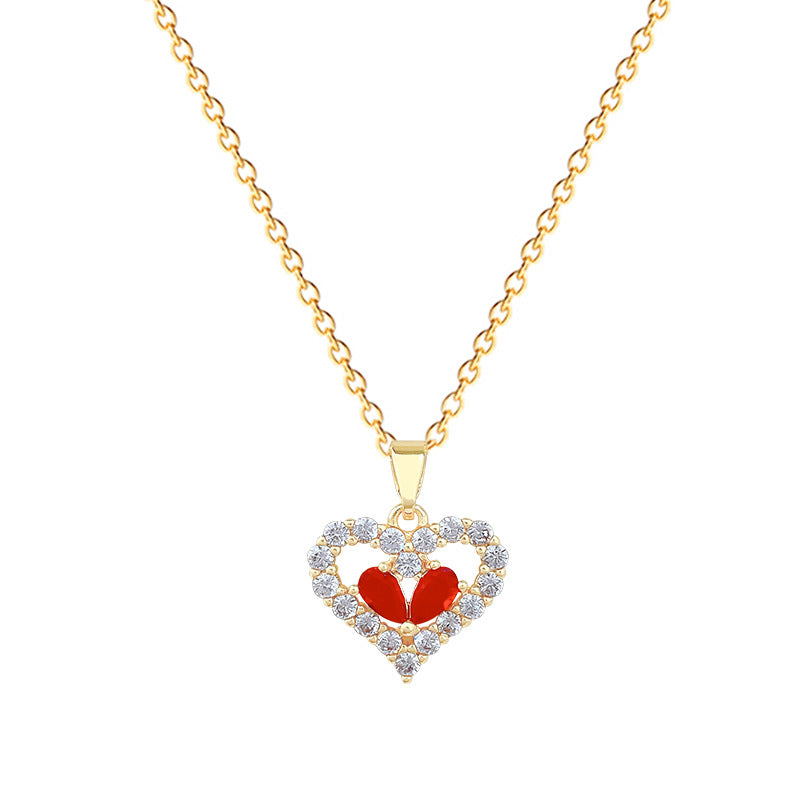 Sweet Minimalist Red Heart Geometric Rhinestone Brass Pendant Titanium Steel Necklace for Women and Men