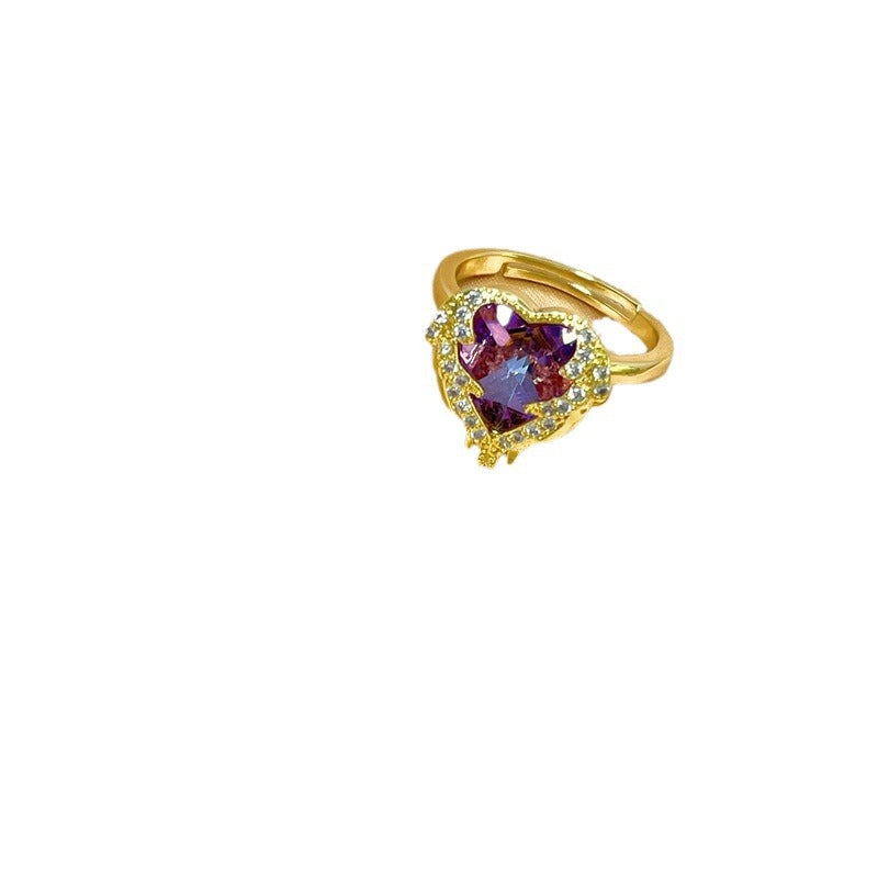 Anello Minimalista a Cuore in Rame Placcato Oro 18K con Intarsio Completo di Strass per Donna